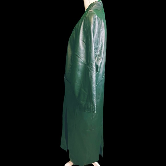Synergy Vintage Y2K Forest Green 100% Leather Longline Button Front Coat Size L - Picture 6 of 16